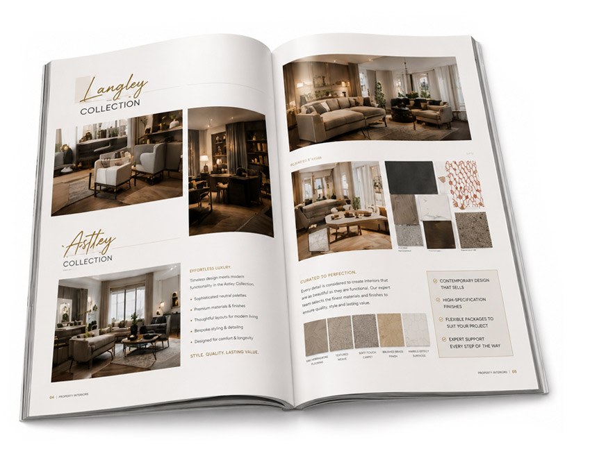 Open brochure showing the Langley and Astley Collection pages