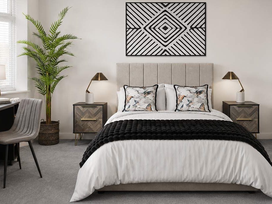 Styled bedroom with herringbone bedside tables and geometric wall art