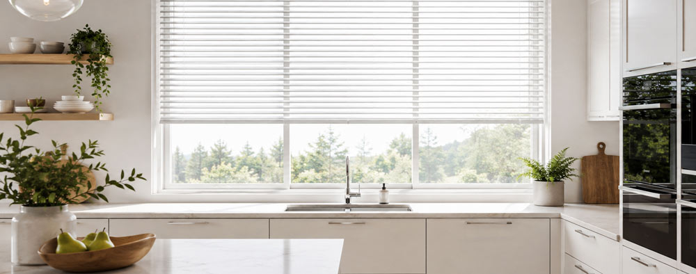 White fitted kitchen with venetian blinds and integrated appliances