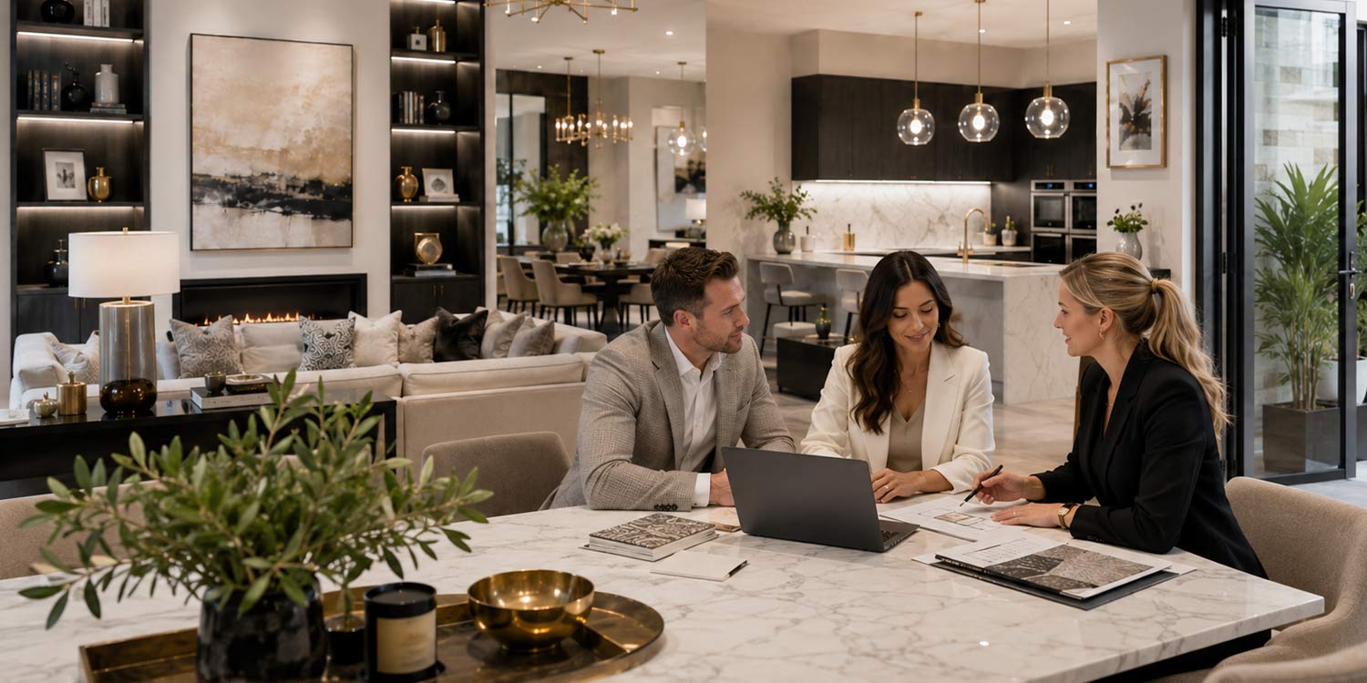Team meeting around a kitchen island reviewing floorplans and samples