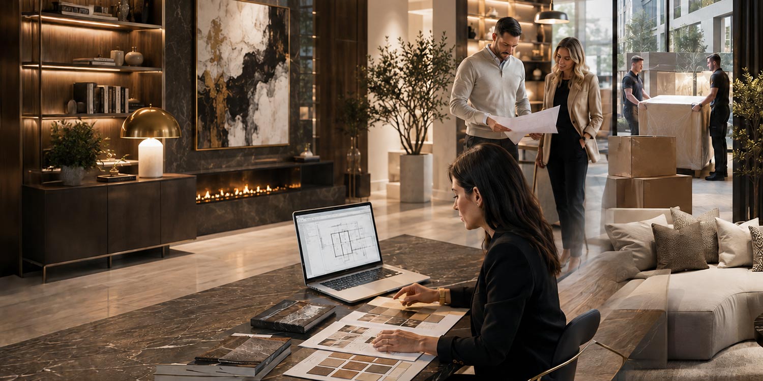 Interior designer and clients reviewing floorplans and material samples