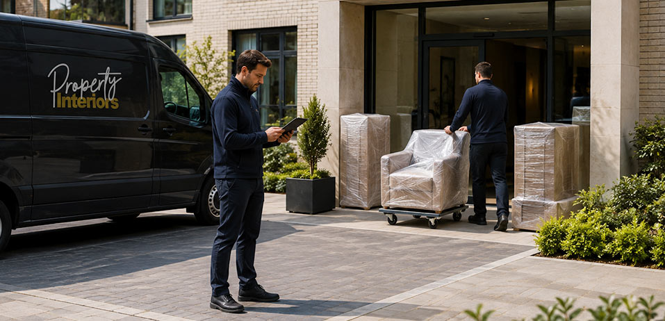 Installation team delivering wrapped furniture to a development entrance