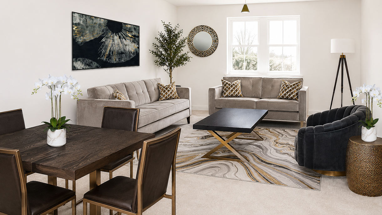 Styled show home bedroom with velvet headboard and patterned cushions