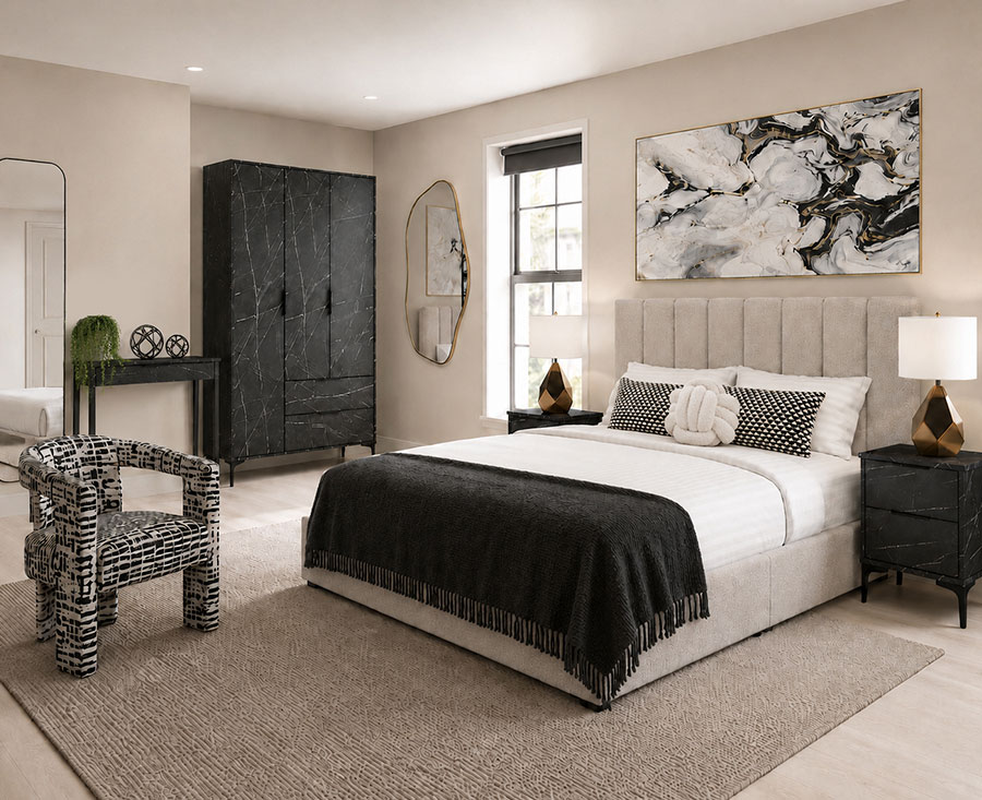 Show home bedroom with full-length mirror, black marble wardrobe and statement artwork
