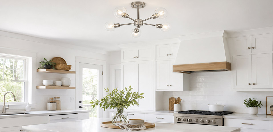 Kitchen island with sputnik-style pendant light fitting