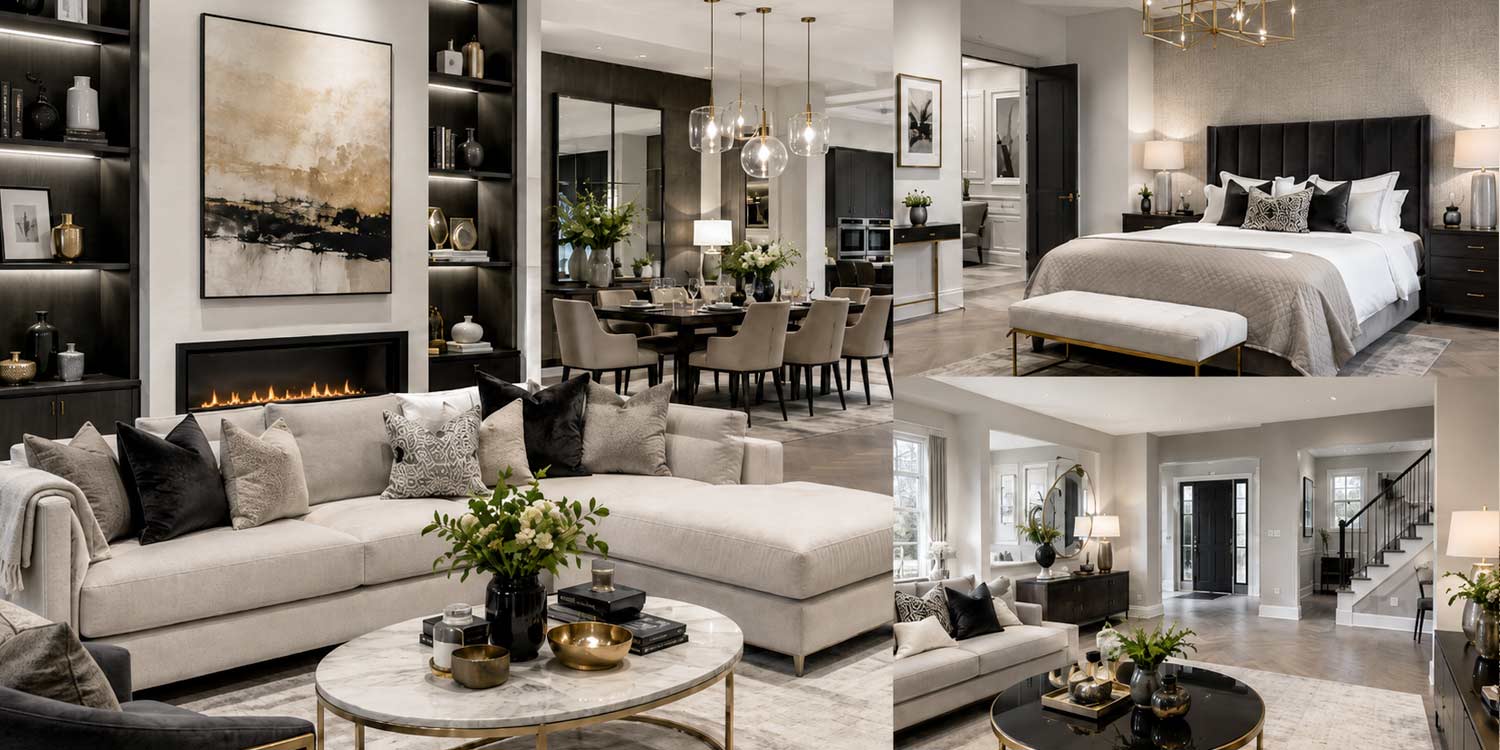 Collage of furnished living rooms, bedrooms and entrance halls