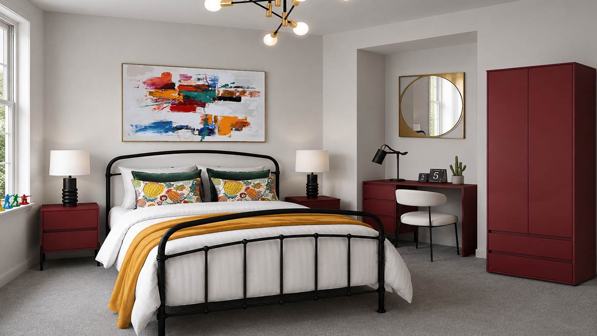 Colourful styled bedroom with burgundy furniture and statement artwork