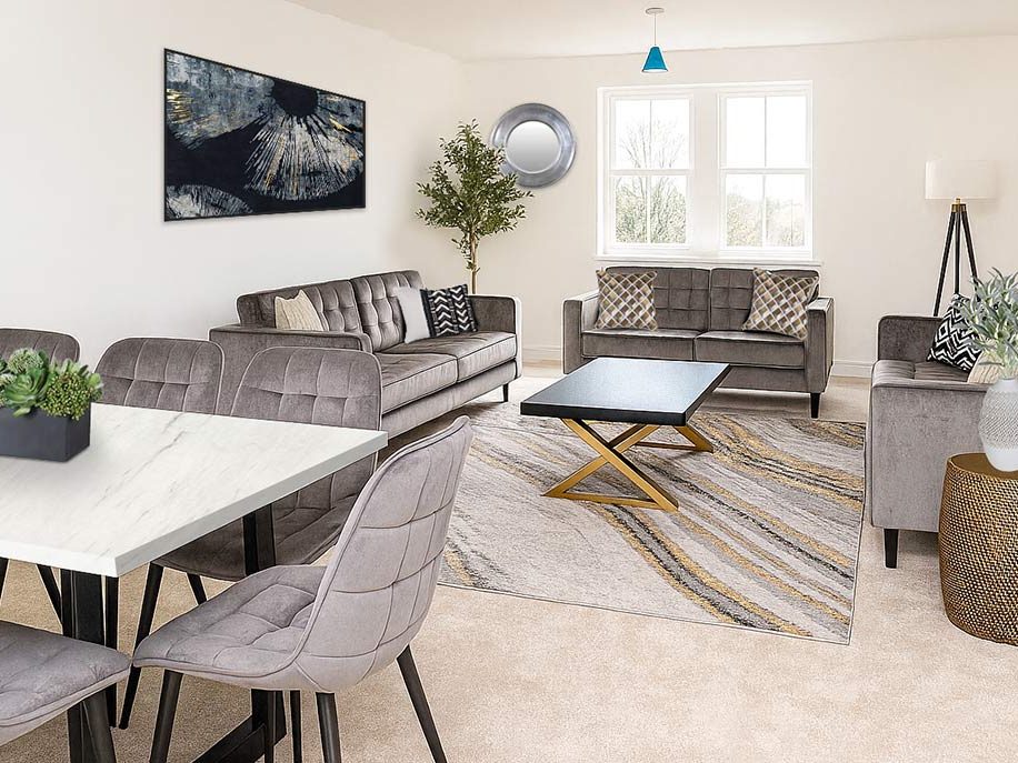 Open-plan living and dining space with statement artwork and gold-tone accents