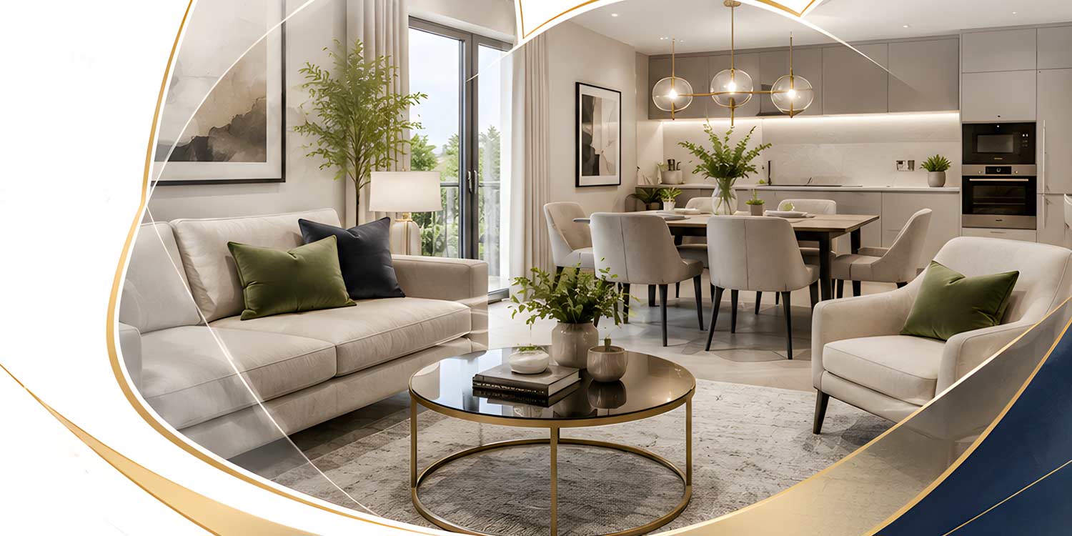 Styled living and dining area with decorative gold frame graphic