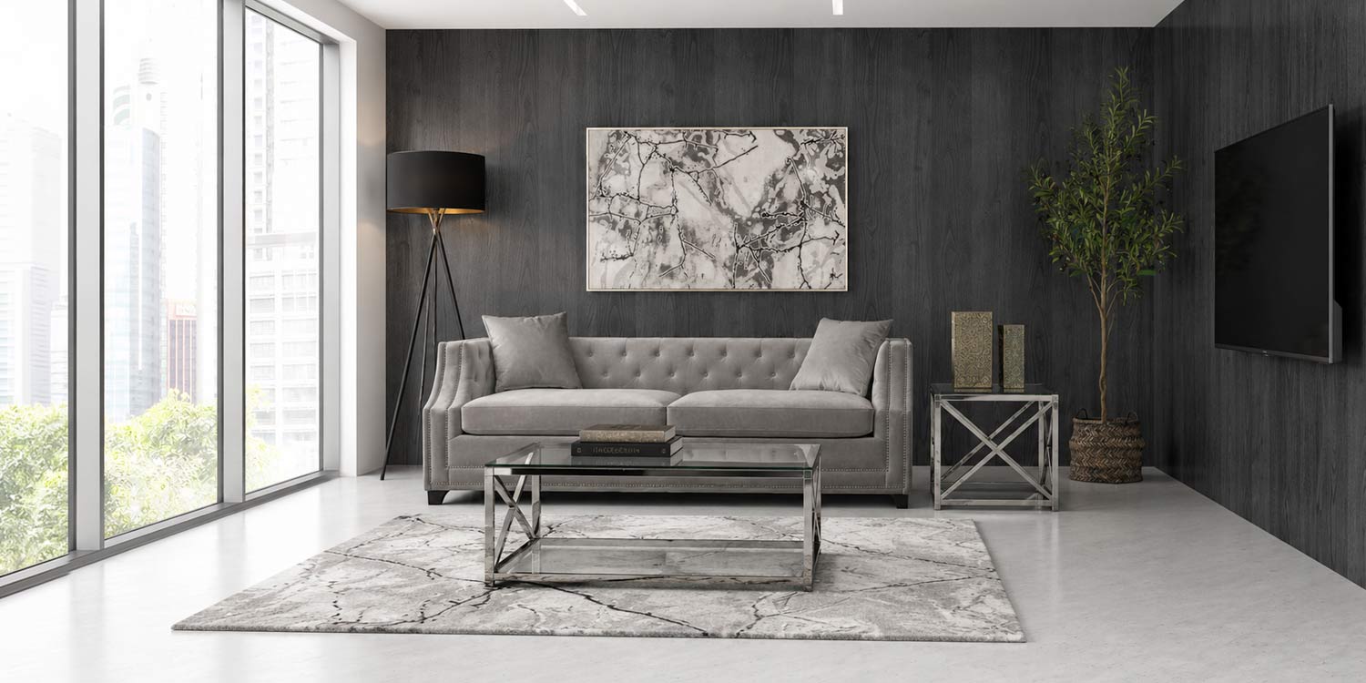 Grey velvet sofa living room with dark wood panelling and city view