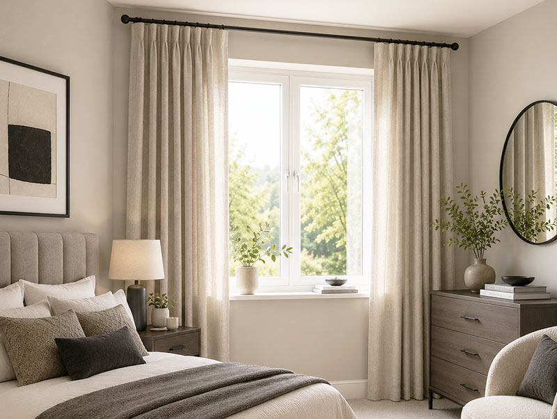 Made-to-measure curtains in a new-build bedroom